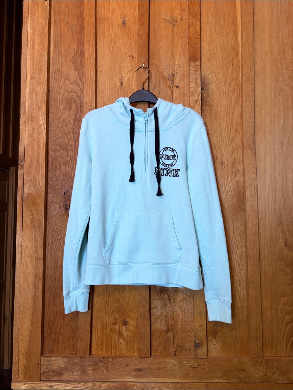 PINK Victoria's Secret Mint Green Quarter Zip Pocket Hoodie, Small, Black Logo